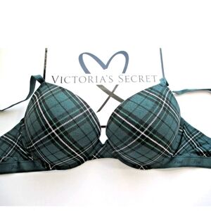 VICTORIA'S SECRET PINK Super Push-Up Bra VS Green Plaid Cotton